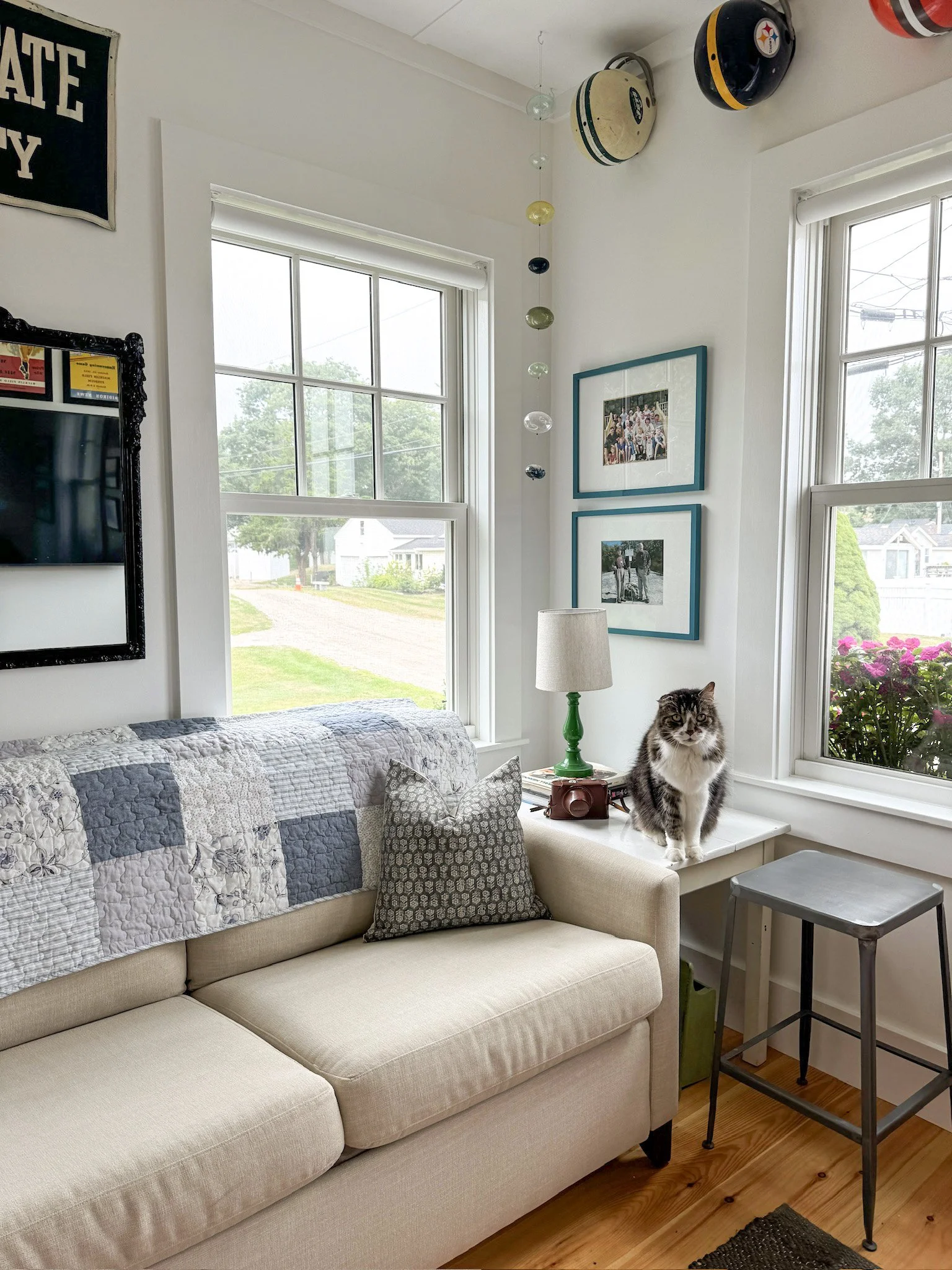 A cozy living room corner with a beige sofa and a patterned pillow. A side table with a green lamp and a vintage camera. A fluffy gray and white cat is sitting on the windowsill. Multiple framed photos hang on the white walls. Large windows show a su