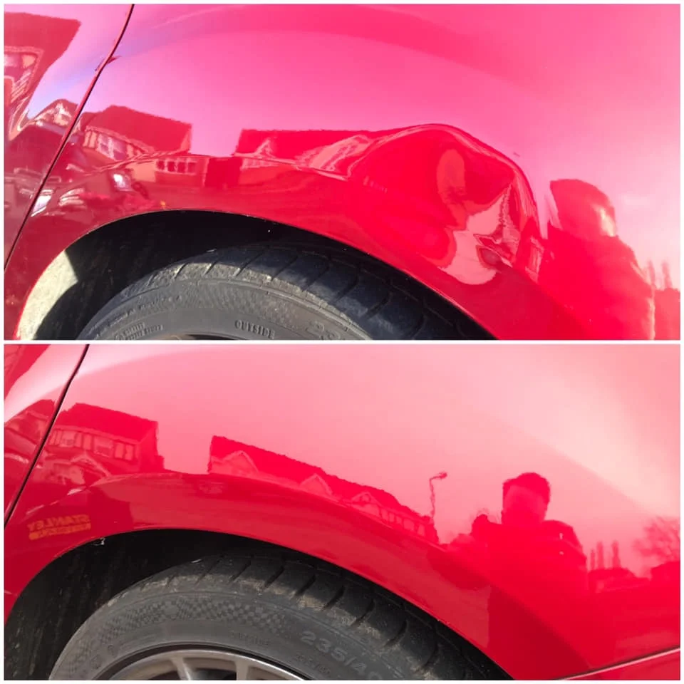 Large dent on car wheel arch, repaired using skill dent removal