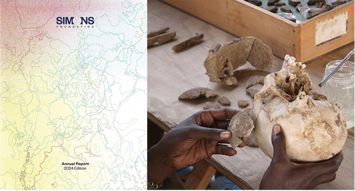 annual report cover next to an image of hands holding a skull