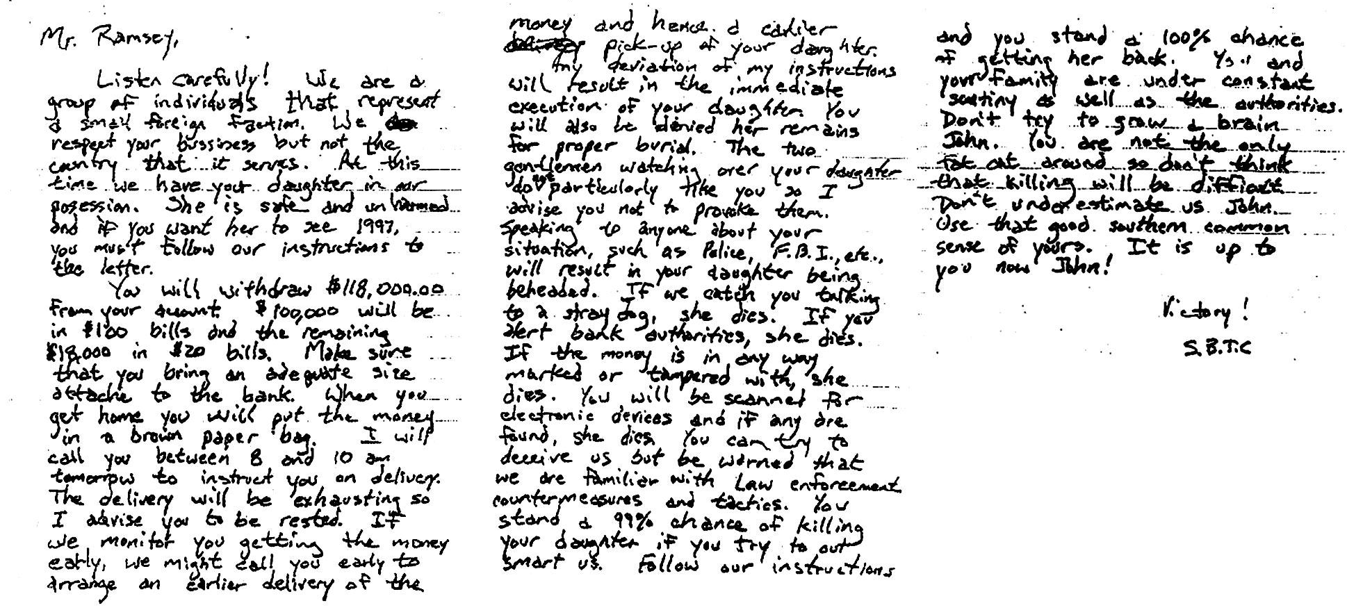The lengthy ransom note found at the Ramsey home.