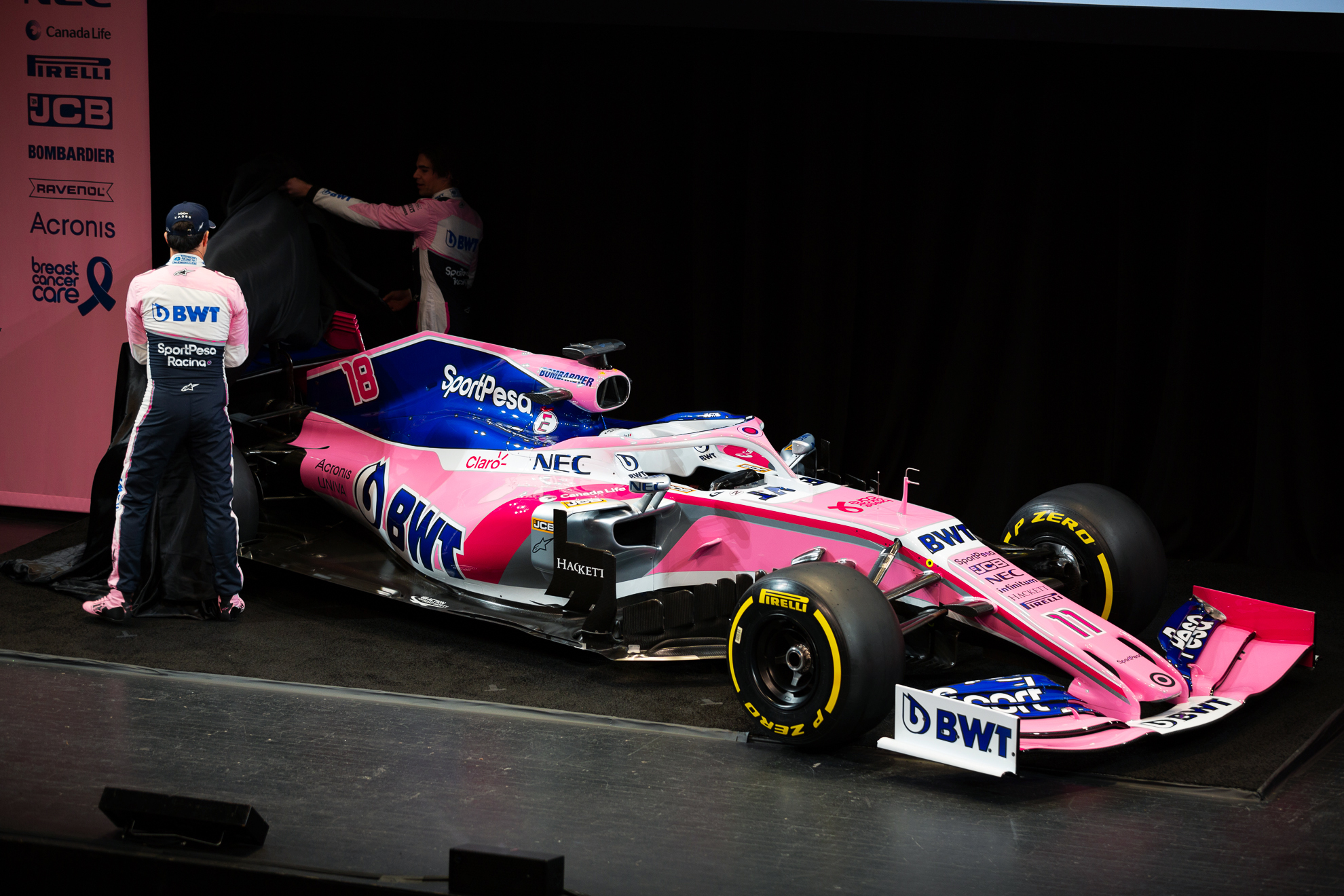  Toronto, Canada 13 Feb, 2019. SportPesa Racing Point F1 Team launch their 2019 car and livery at the John Bassett Theatre in Toronto, Canada. Credit: Gary Hebding Jr/Alamy Live News 