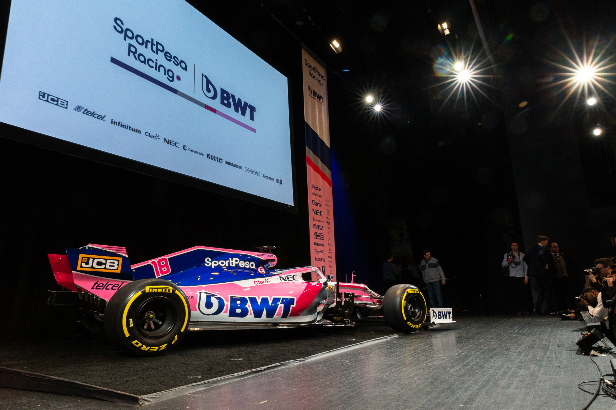  Toronto, Canada 13 Feb, 2019. SportPesa Racing Point F1 Team launch their 2019 car and livery at the John Bassett Theatre in Toronto, Canada. Credit: Gary Hebding Jr/Alamy Live News 