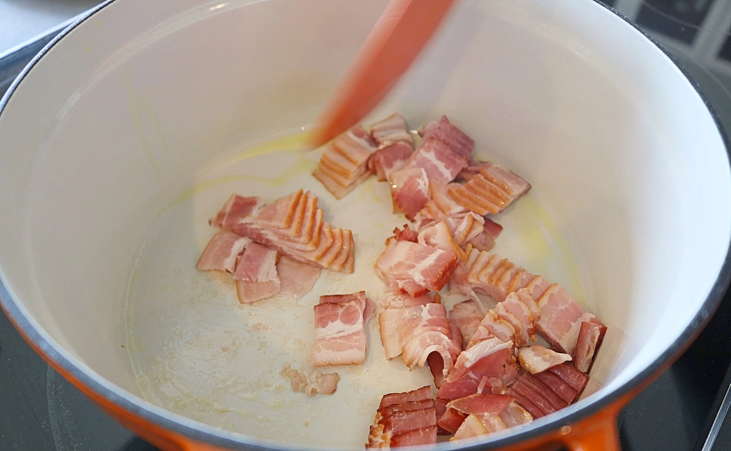 Cook at med low and allow that fat to render but do not throw that beautiful fat away, keep about 3 tablespoons of the fat in the pan for the chicken