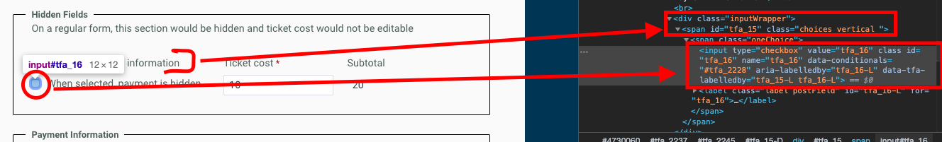 The form, open in view mode and using Inspect. Note that tfa_15 is the set of choices, while tfa_16 is the actual choice that needs to be toggled on/off.