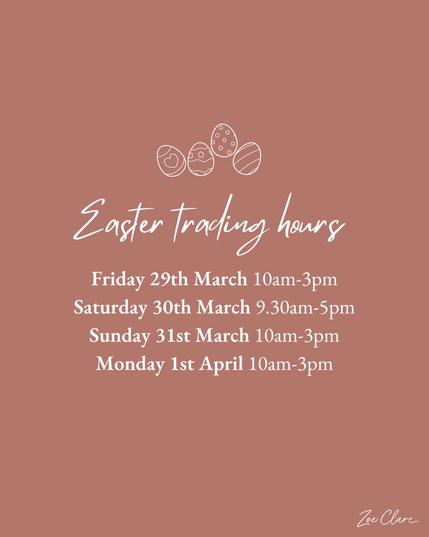 Planning an Easter weekend shopping trip? 🐣

These are our trading hours for the upcoming long weekend:

Friday 29th March  10am-3pm
Saturday 30th March  9.30am-5pm
Sunday 31st March  10am-3pm
Monday 1st April  10am-3pm

We'd love to see you. Our st