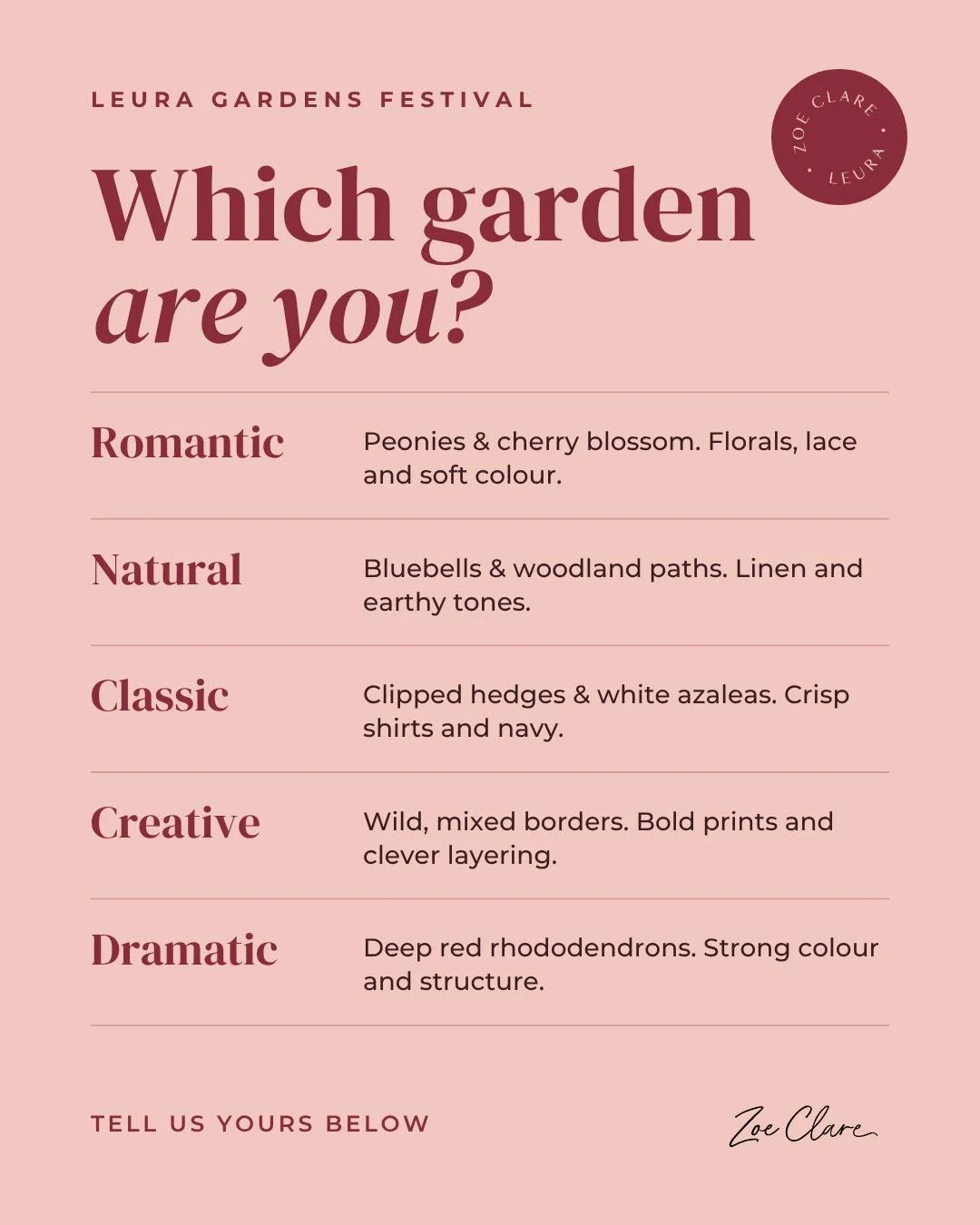 Every garden has its own personality, and so do you. 🌷 

Romantic, Natural, Classic, Creative or Dramatic? 

Tell us yours in the comments 👇 

then drop into Zoe Clare Leura this long weekend and we'll help you find pieces that feel just like you.
