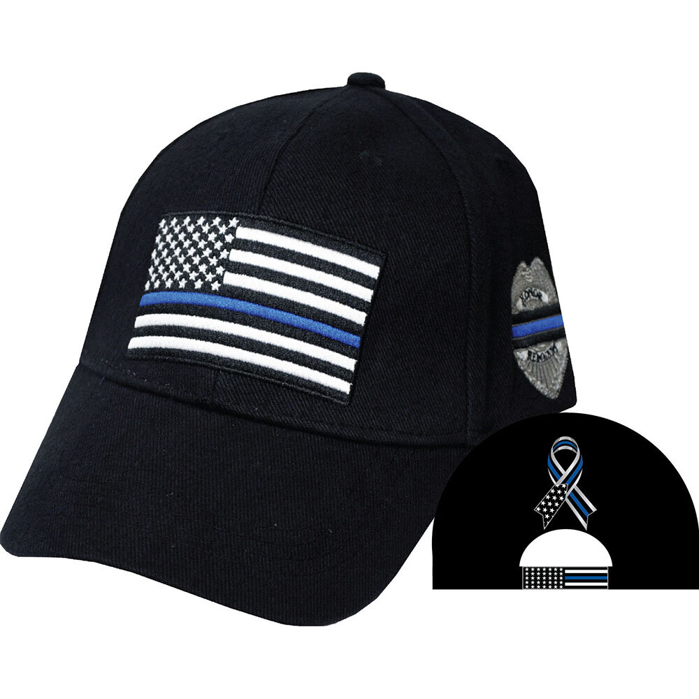 POLICE THIN BLUE LINE BLACK EMBROIDERED MILITARY HAT CAP 