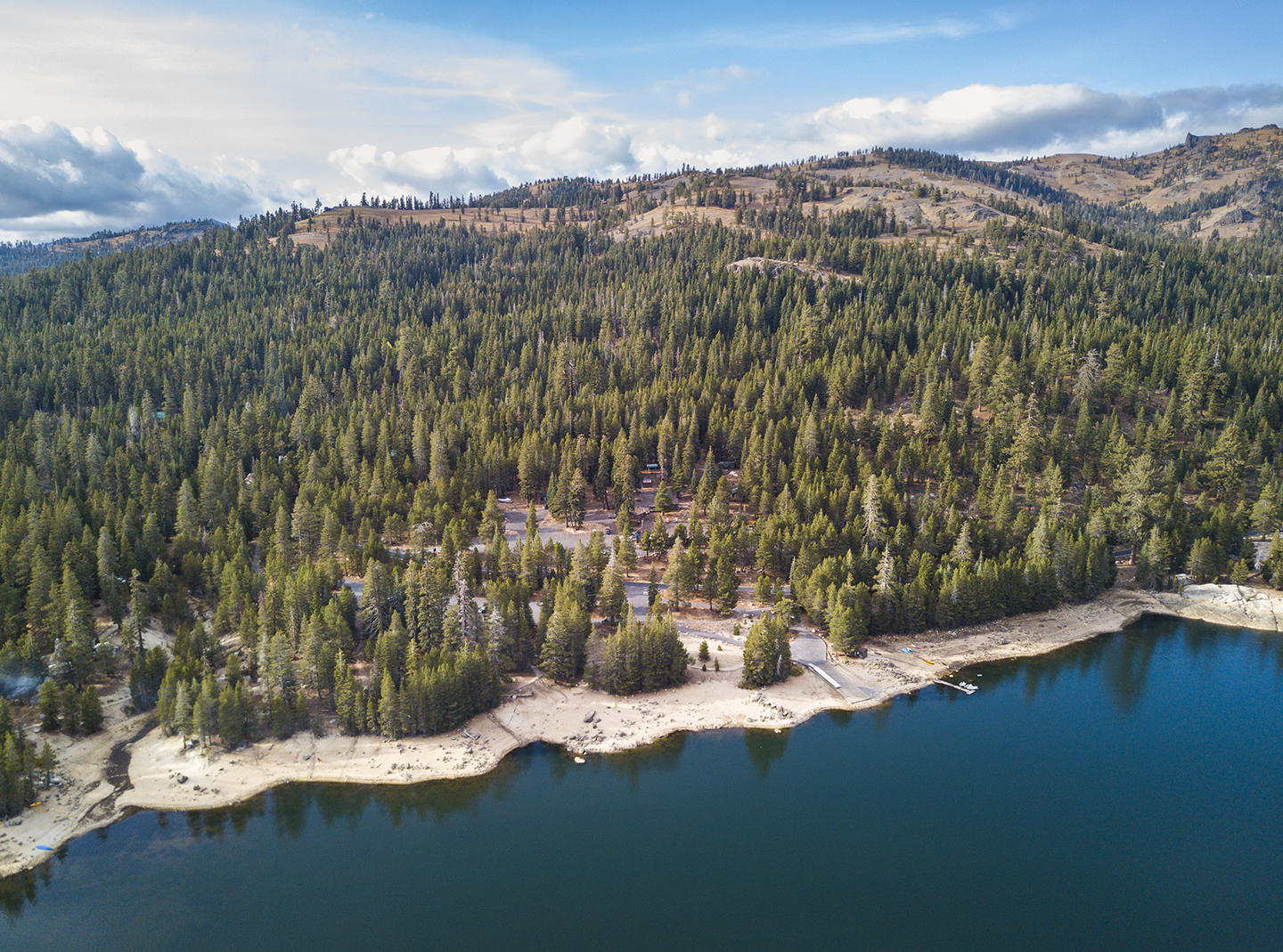 Aerial view of the beach of Lake Alpine