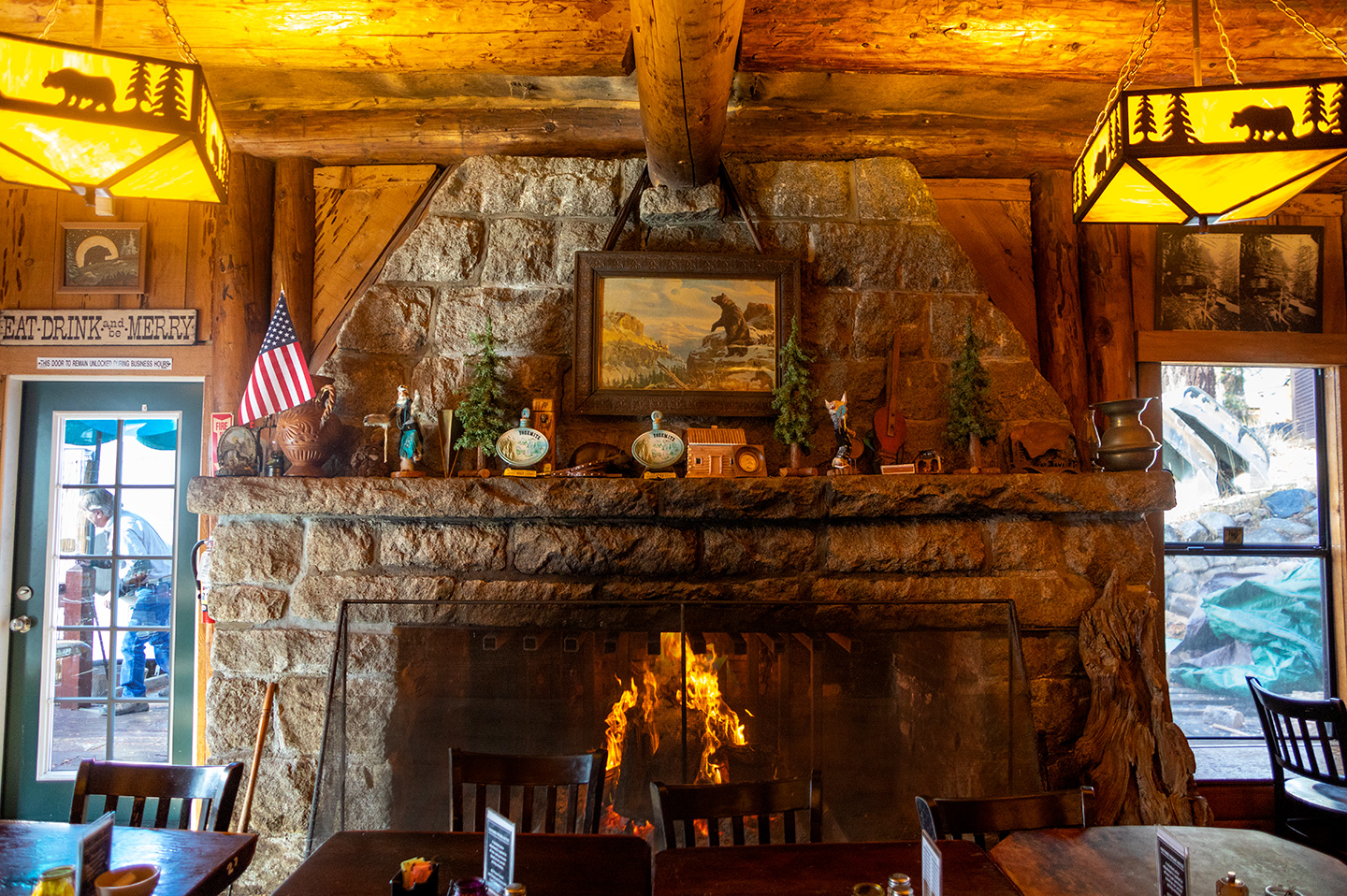 The very large dining room fireplace of the lodge
