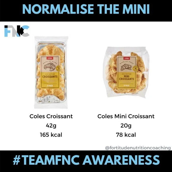 NORMALISE THE MINI⁠
⁠
FN&rsquo;Simple⁠
Portion sizes have grown significantly. ⁠
⁠
Our new normal sizes are large.⁠
⁠
Our old normal are labelled mini, small and junior. ⁠
⁠
When buying food or indulgences, consider trying to normalise the mini. ⁠
⁠
FN&rsquo;Why⁠
Portion sizes have increased, especially for ready made meals, restaurant meals and indulgence snacky foods.⁠
⁠
Most research into growing portion sizes is from the USA. Some from the UK suggests that not all portion sizes have increased but many meals and indulgences have. Interestingly when compared with France, portion sizes in the USA are about 25% larger on average.⁠
⁠
When offered more food, we tend to eat more food. ⁠
⁠
The temptations of value can be hard to resist; a cheap upgrade seems too good to resist. ⁠
⁠
The labelling of smaller sizes can often make it sound inappropriate for adults; mini, small, junior.⁠
⁠
Often, even the smallest size of indulgences is above the Australian Dietary Guideline of keeping indulgen