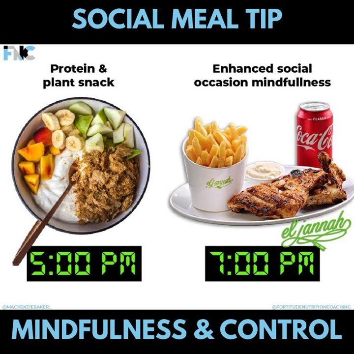 A COUNTERINTUITIVE TIP FOR SOCIAL OCCASIONS ⁠
⁠
So you&rsquo;re about to go out to dinner, or perhaps to a BBQ or friends place for food. ⁠
⁠
There is going to be lots of yummy food, and it may even be free.⁠
⁠
It makes logical sense to enter a social occasion hungry and &lsquo;ready to eat&rsquo;. ⁠
⁠
However, when you&rsquo;re hungry, maybe a little &lsquo;hangry&rsquo; and irritable, you may find it very difficult to make mindful food related decisions. Especially if you pair that &ldquo;hungriness&rdquo; with accumulating anticipation and excitement.⁠
⁠
If you approach social occasions with something in your stomach, it might help you take a second, stop and think about what and how much you need to consume to get maximum enjoyment from the occasion. ⁠
⁠
Almost always the primary aim for a social occasion is enjoyment and yes this involves indulging. ⁠
⁠
Freely indulging in delicious food for enjoyment is great. Filling up on indulgence foods after a day of not eating may not be th