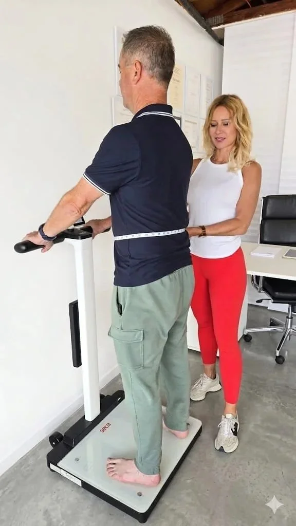 Nicole Hansult performing a SECA body composition evaluation with an over-40 client in Carlsbad, California.