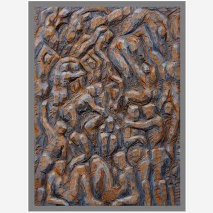 „Gewimmel II / Strandszene“, 2019, Erle teilw. gefärbt, geölt, 78x57x6 cm