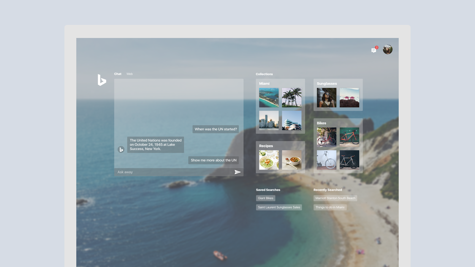 Alex can instantly start chatting with Bing and find what he needs for his research project without leaving the page.