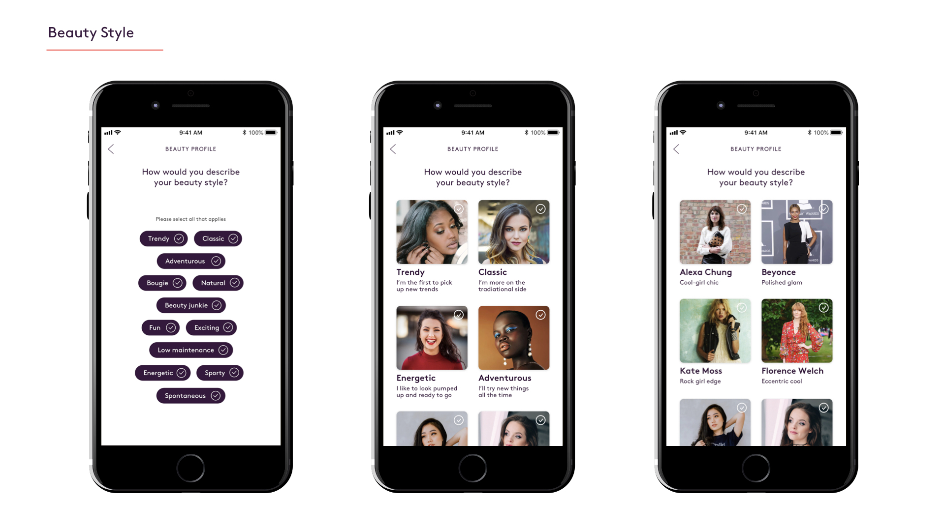 The first design focuses mainly on the words and tag cloud. The design in the middle is a combination of images and words, while the third design incorporates celebrities and influencers along with descriptions.