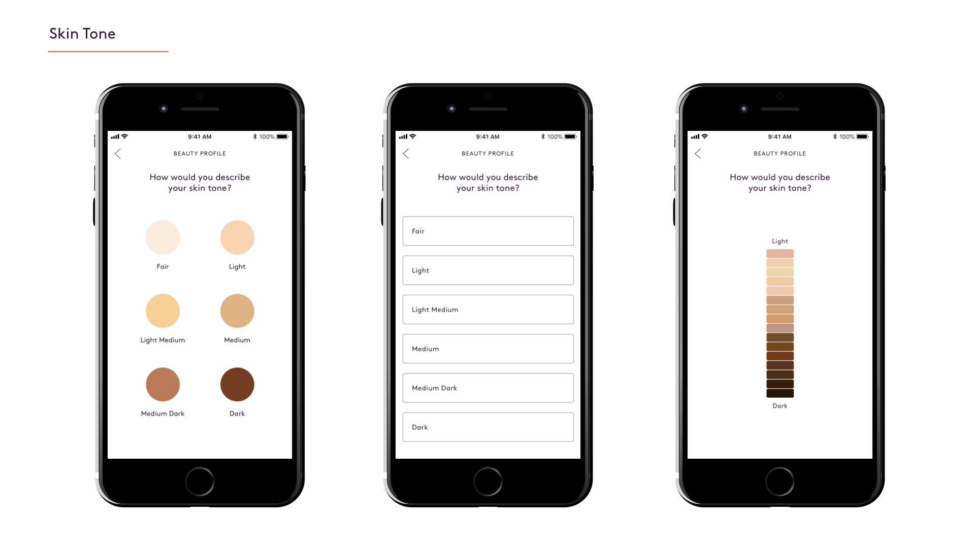 The first two designs are both multiple choice questions except one has color palettes for users to reference and the other is just words. The third design is an interactive color spectrum providing more options.