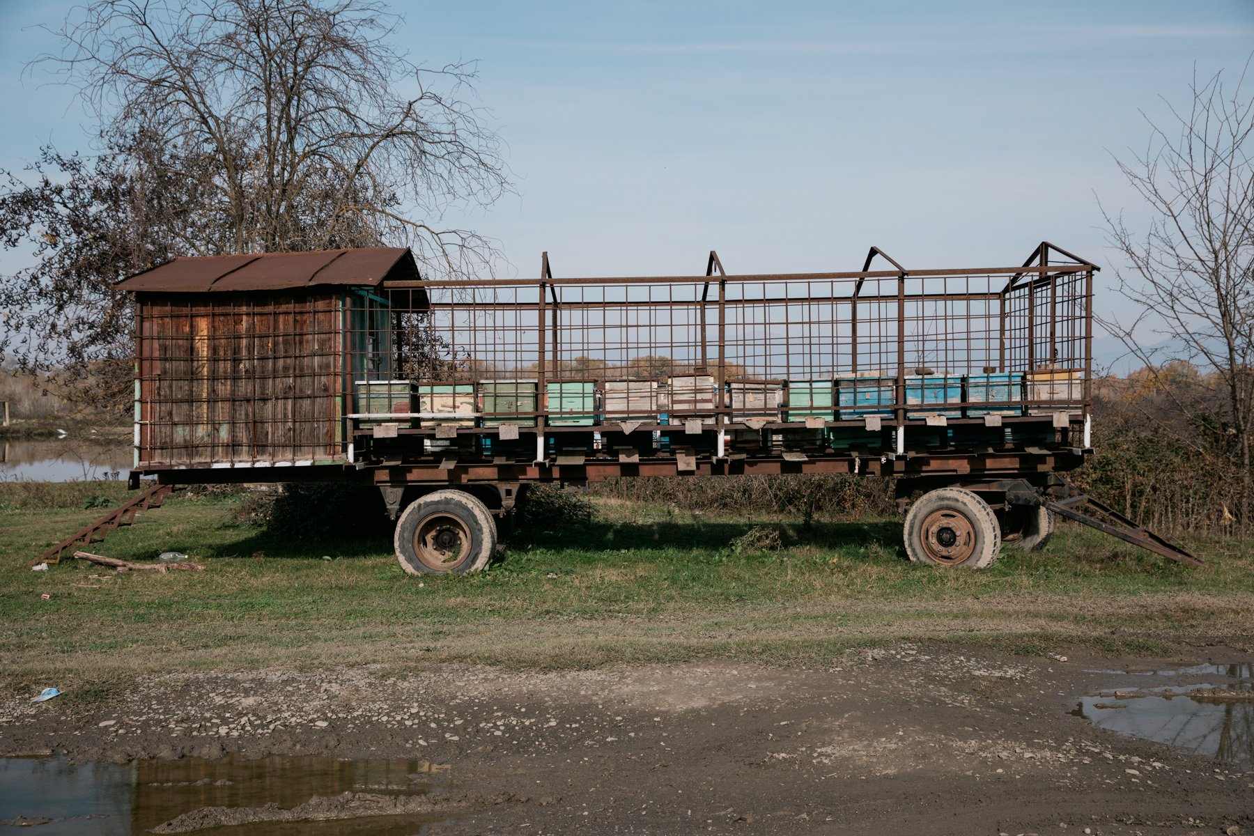 A trailer carrying beehives. Trailers like this are common in the Alazani Valley as their elevated height helps them navigate rough terrain. 
