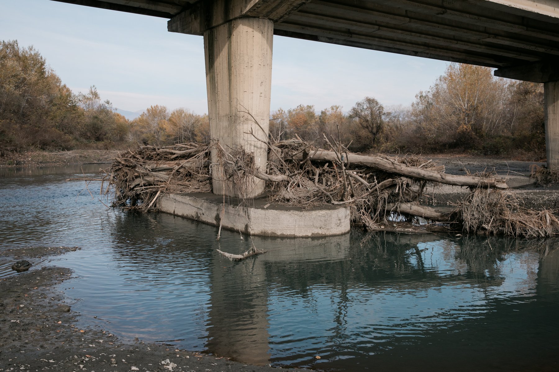  Driftwood trapped against a bridge across the Alazani River. 