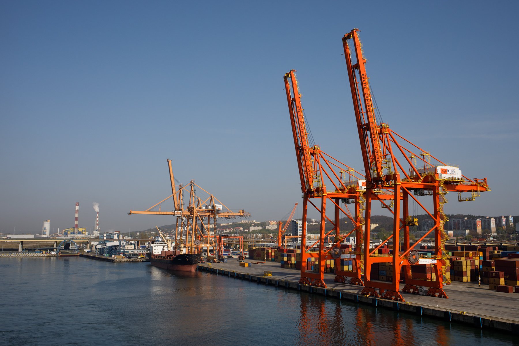  The port of Gdynia is one of the busiest container ports on the Baltic Sea. Ferries operated by Stena Line link the Polish city with Karlskrona in Sweden. 
