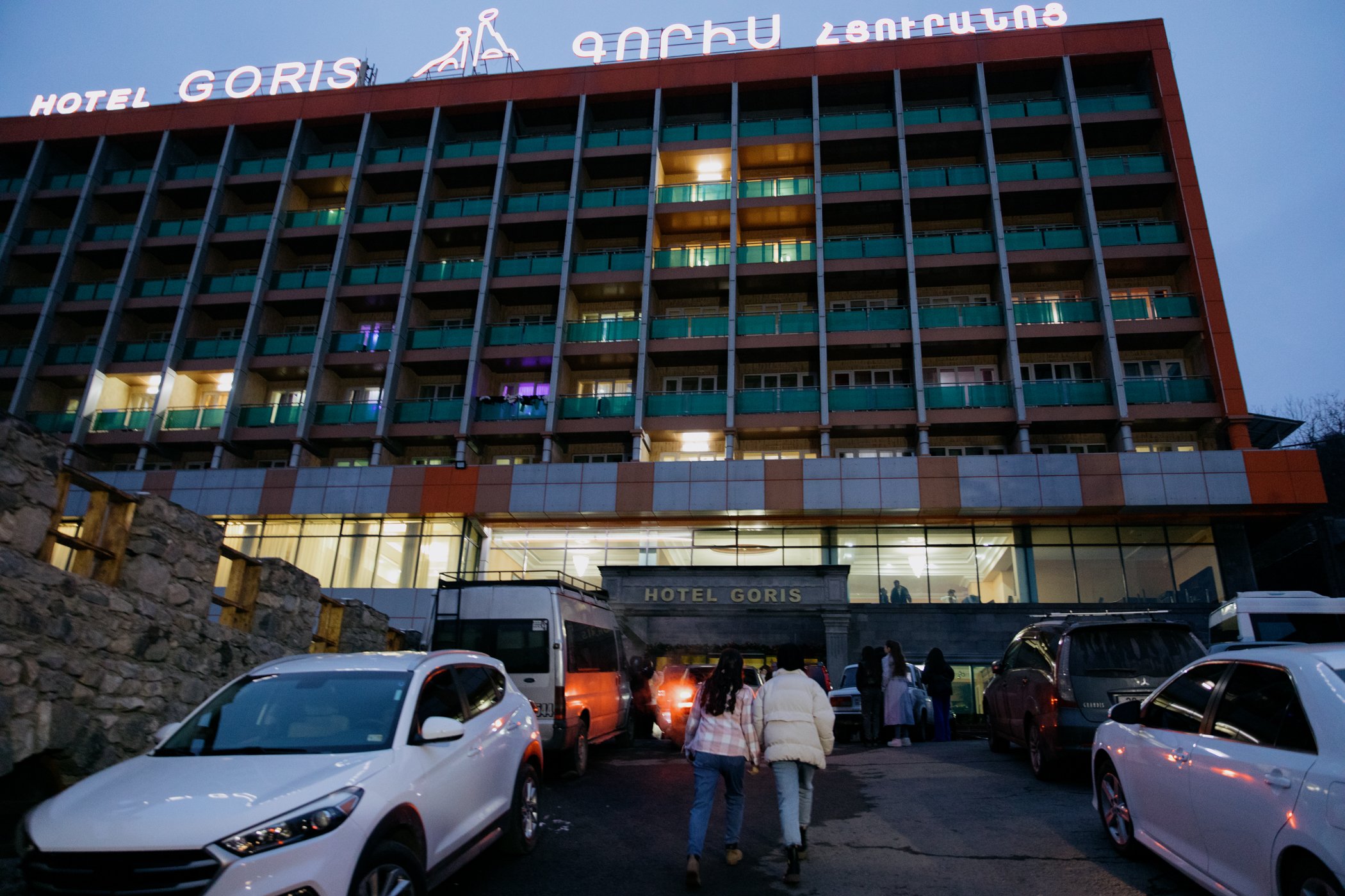  Members of the Asparez dance group return to the Hotel Goris after watching a film about the Armenian military commander Garegin Nzhdeh. Larry Avanesyan, the group's teacher, says that today "unity is the answer."      "In such situations, what we c