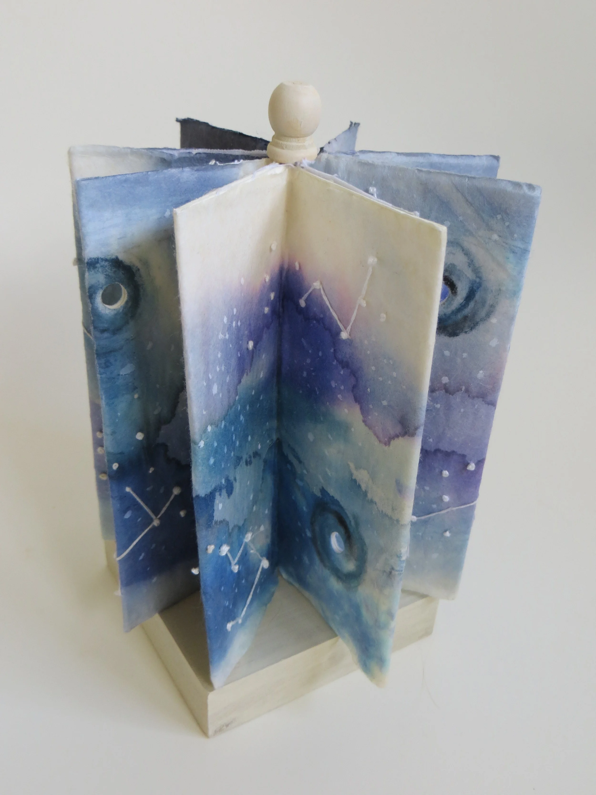  WORMHOLE ODYSSEY  Kozo over cotton paper, ink, stitching. Eight paneled circular accordion fold  7-1/2 x 5 