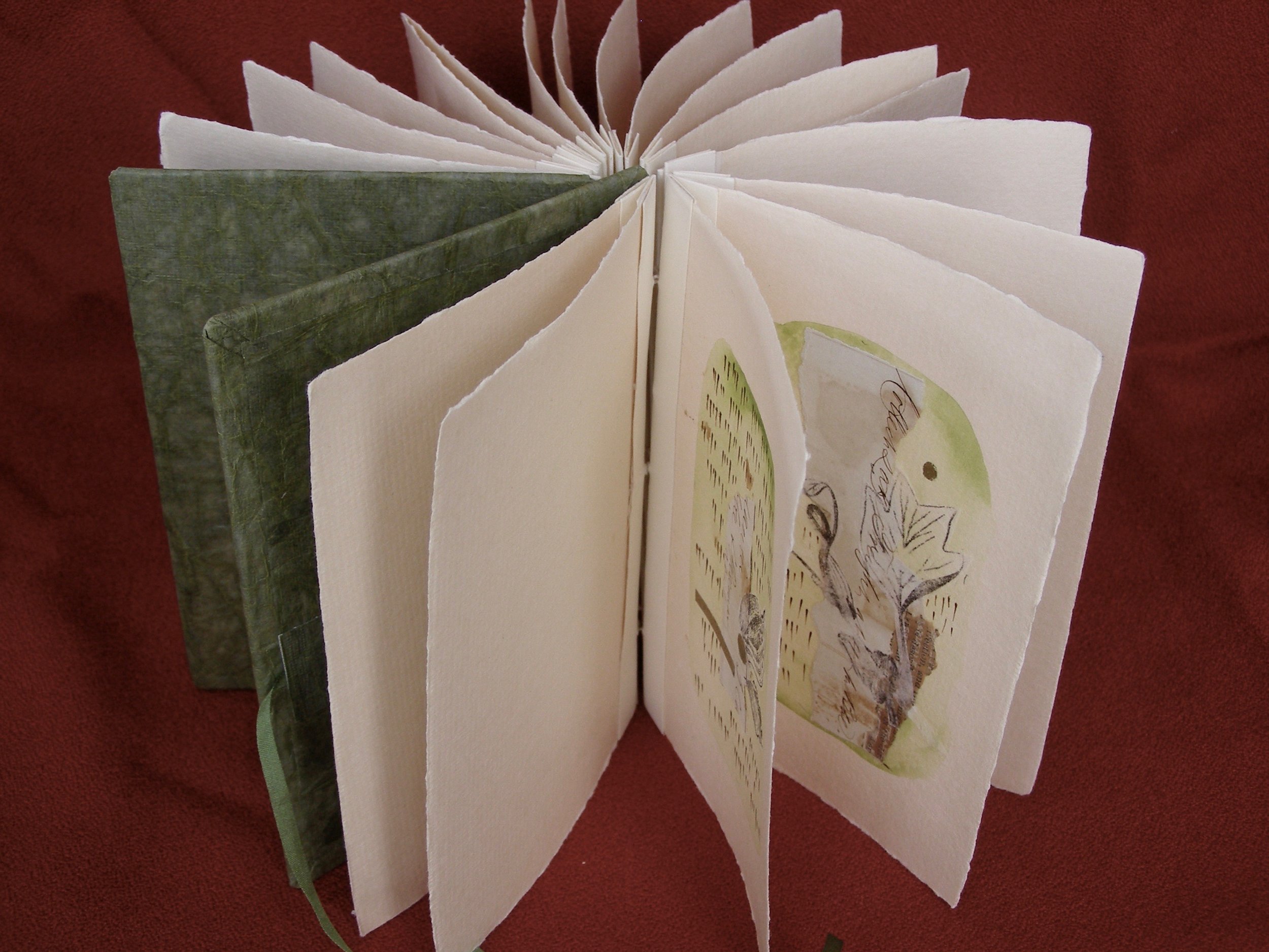  PRAYERS FOR THE EARTH’S GREEN STARS  Handmade linen/cotton paper, ink, collage  6 x 4 x 1-1/2 