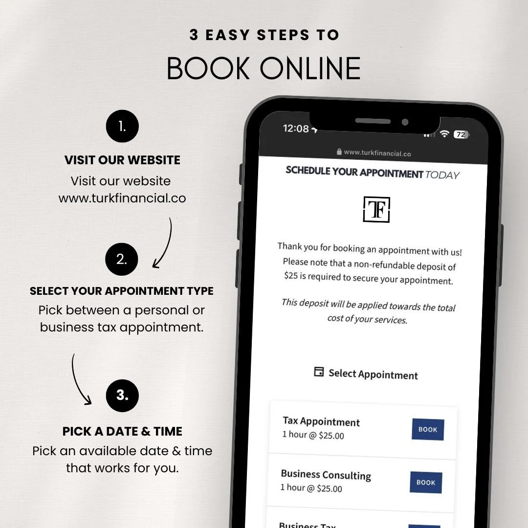 Tax season made simple ✔️ Booking your appointment with Turk Financial takes less than a minute:

1️⃣ Visit our website
2️⃣ Select your appointment type
3️⃣ Pick a date &amp; time that works for you

Secure your spot today and let us handle the numbe