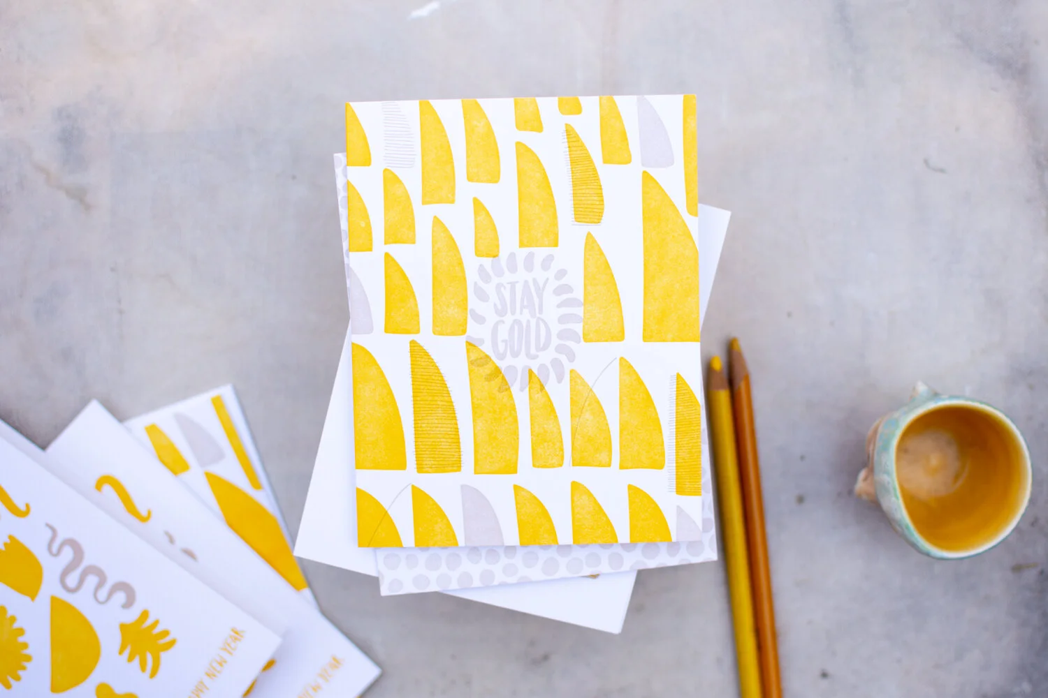Letterpress card in yellow and gray
