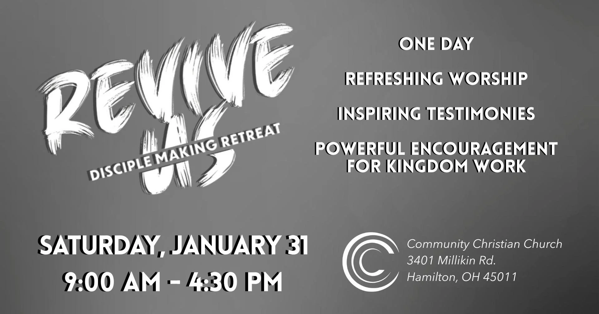 REVIVE US! ✨

FCC Family, we want to see you at Community Christian Church on Saturday, January 31, for a day of spiritual renewal and practical training! We are heading over to join CCC for 'Revive Us!', featuring keynote speaker Josh Howard (Discip