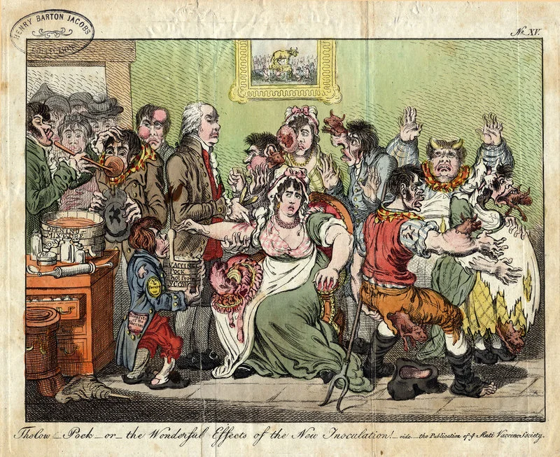 Cartoon by British satirist James Gillray from 1802 showing vaccination hysteria