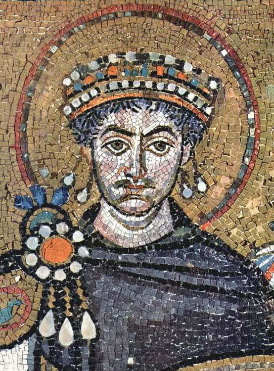 Justinian I. Contemporary portrait in the Basilica of San Vitale, Ravenna . From Wikipedia.