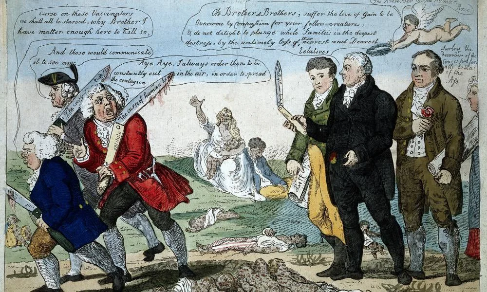 Wood painting caricature from 1808 showing Edward Jenner confronting opponents to his vaccine (note the dead at their feet) (Creative Commons)