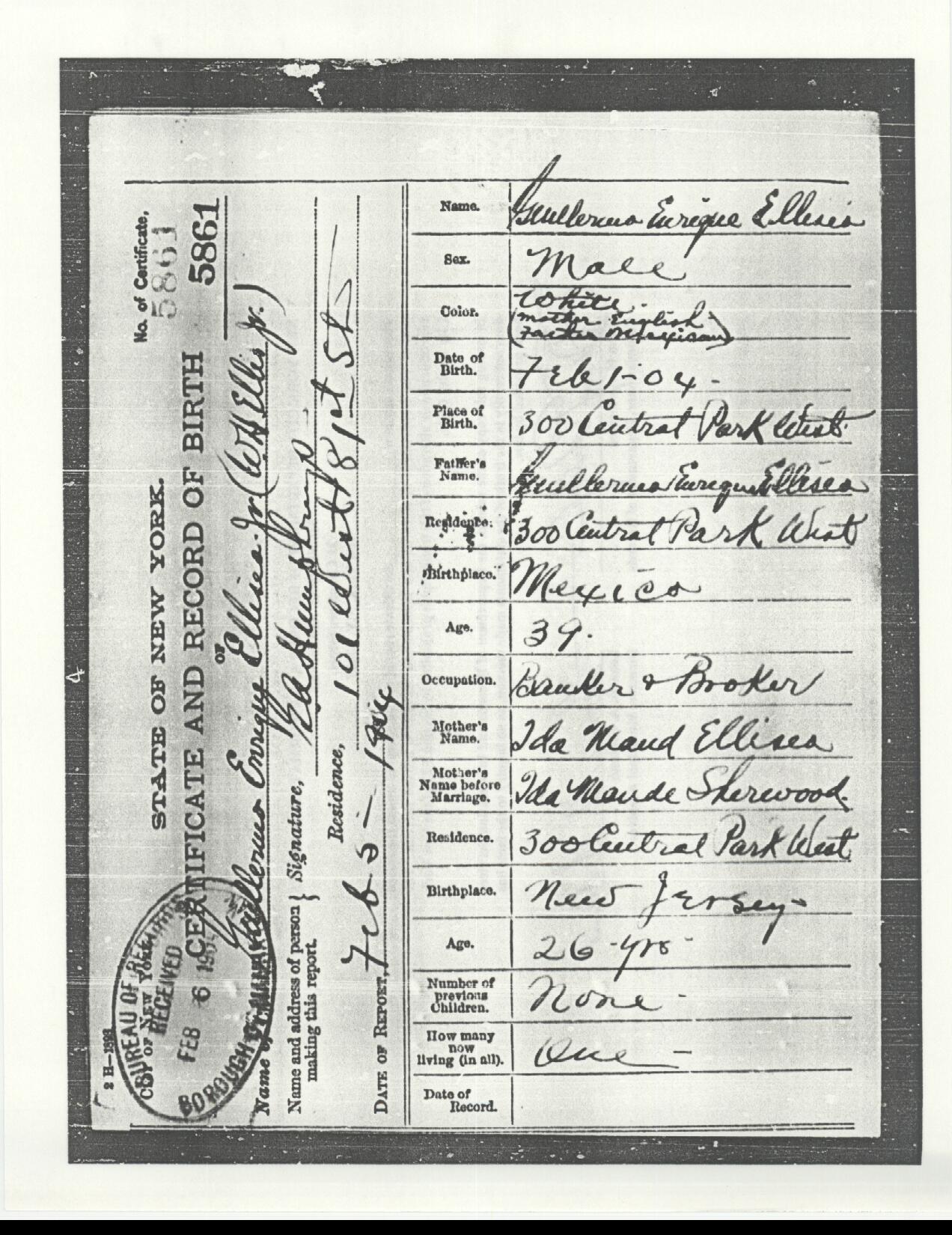 Ermo Ellis Birth Certificate, 1904