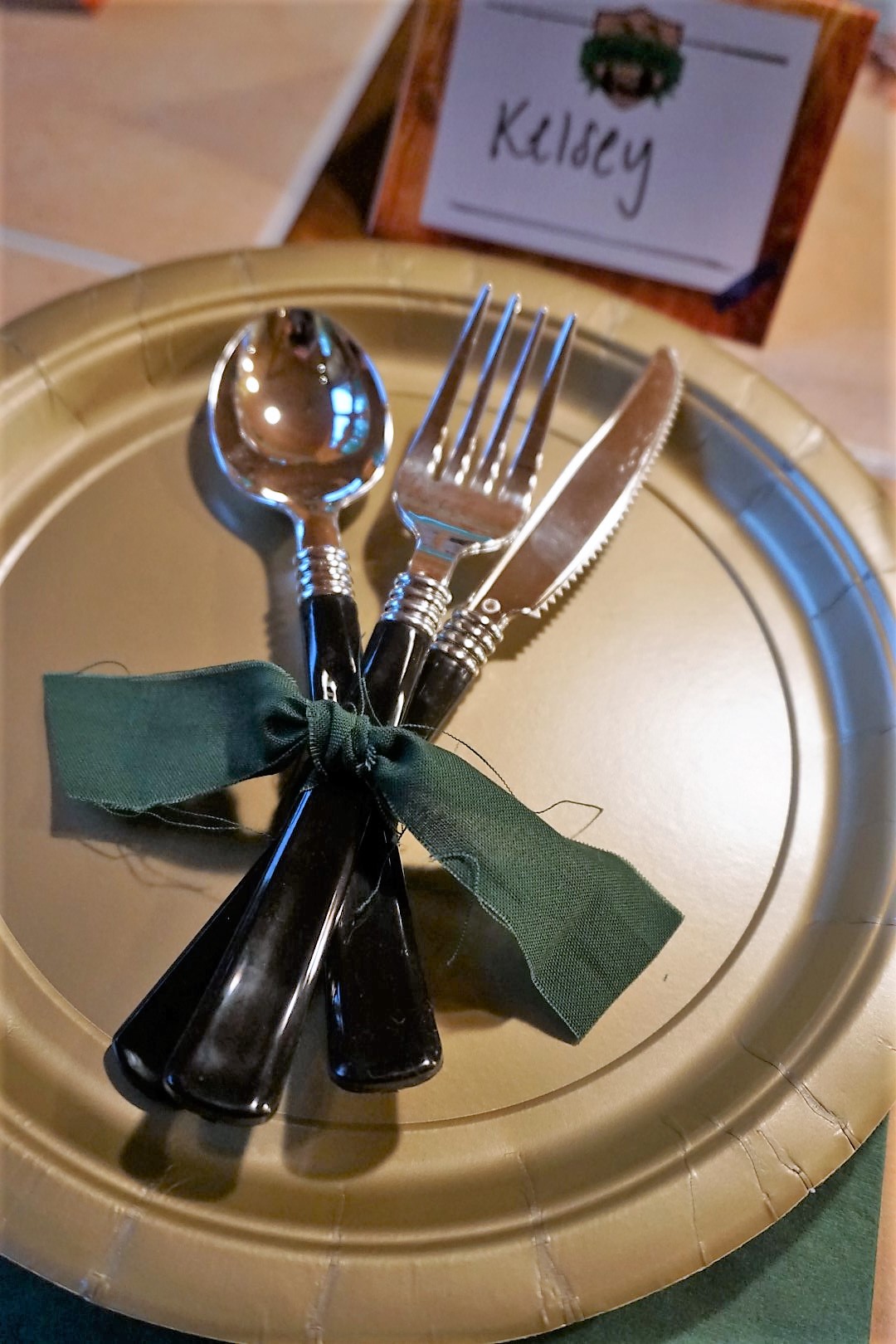  Dollar Tree black handled silverware with fabric tied around them for a camp themed table. 