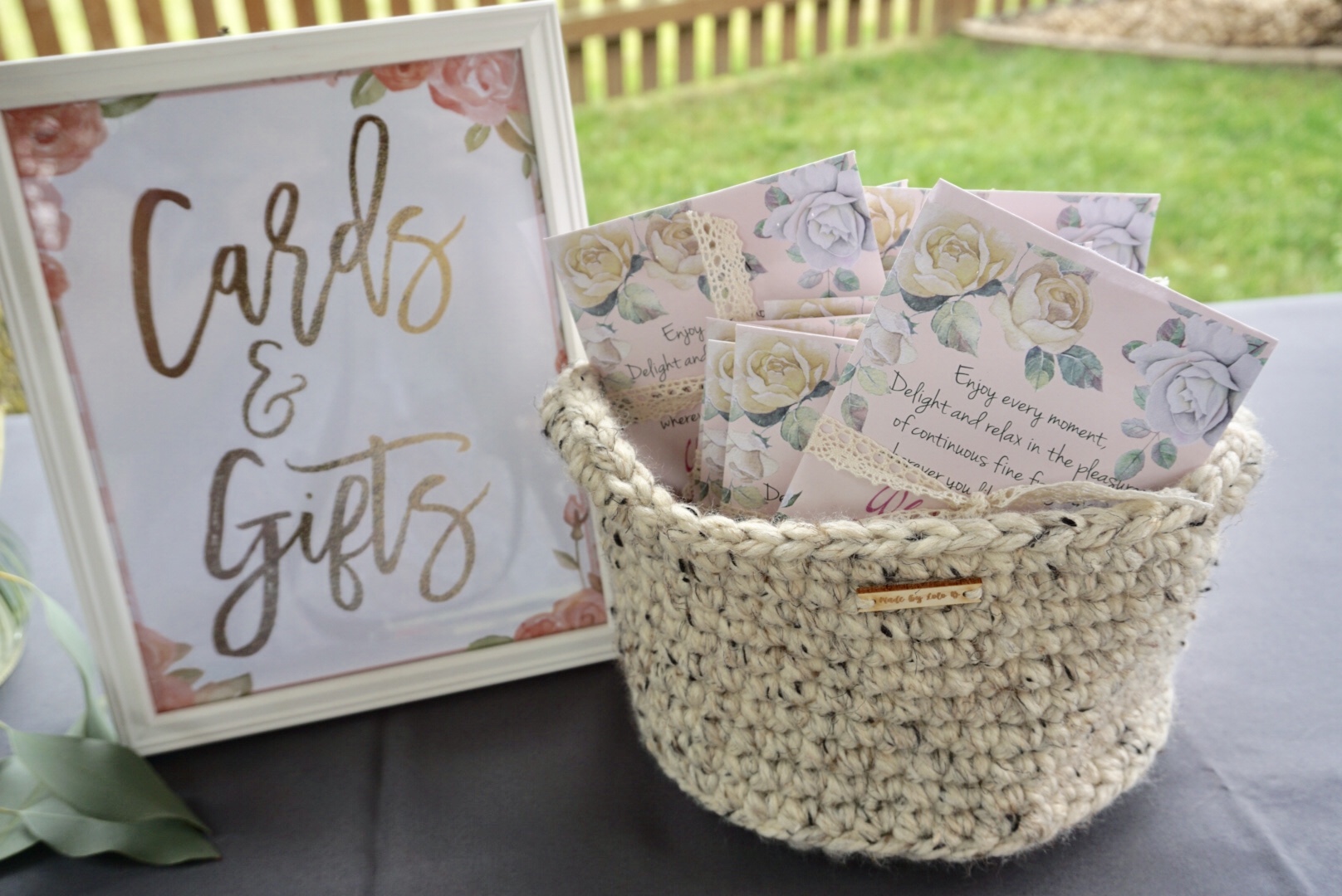 Knit basket with bridal shower favors from Dollar Tree