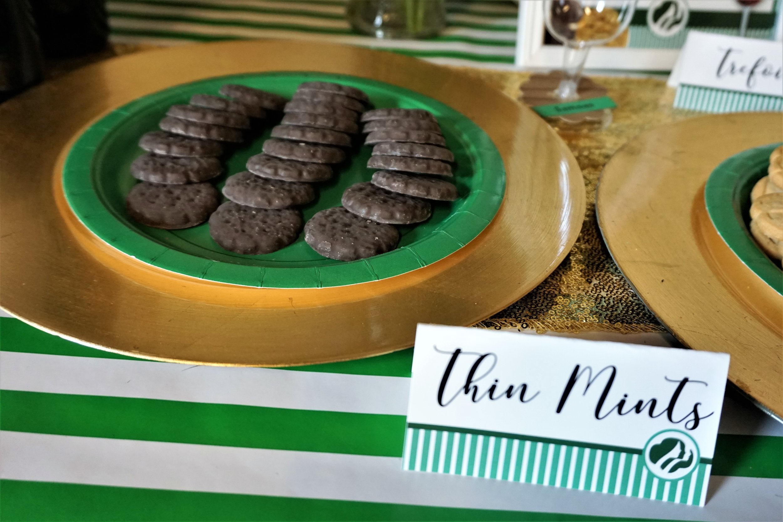  Thin Mint cookies served for a Girl Scout Cookie and wine pairing party. 