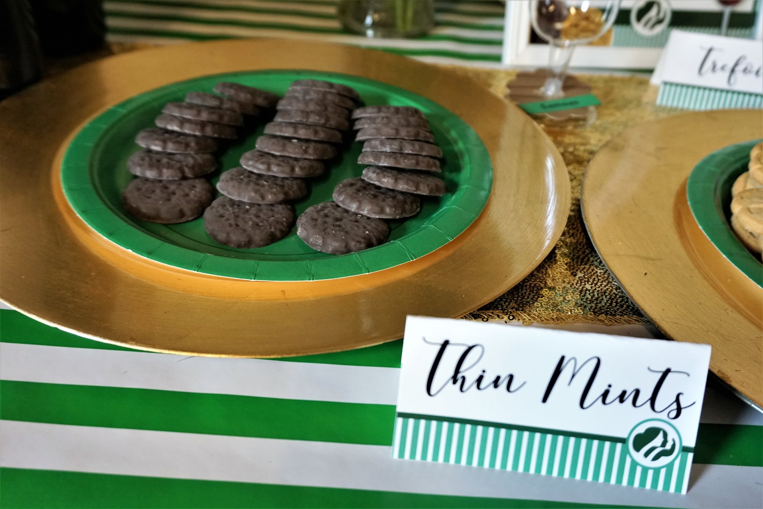 Thin Mint cookies served for a Girl Scout Cookie and wine pairing party.