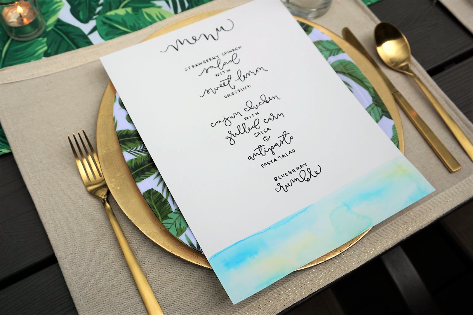 Summer dinner menu with watercolor and calligraphy.
