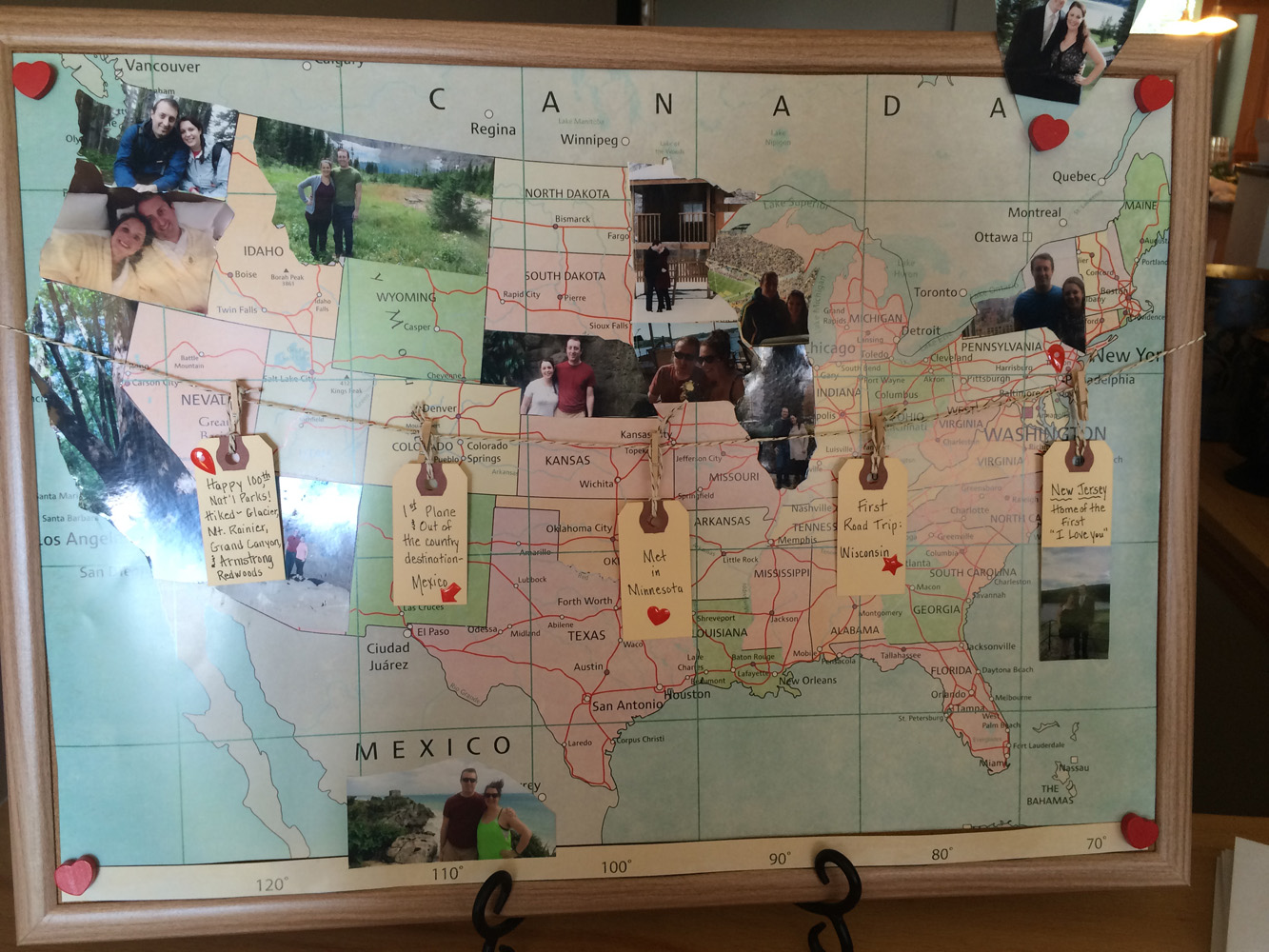  United States map with pictures cut out into state shapes where the couple has been for a travel themed bridal shower. 