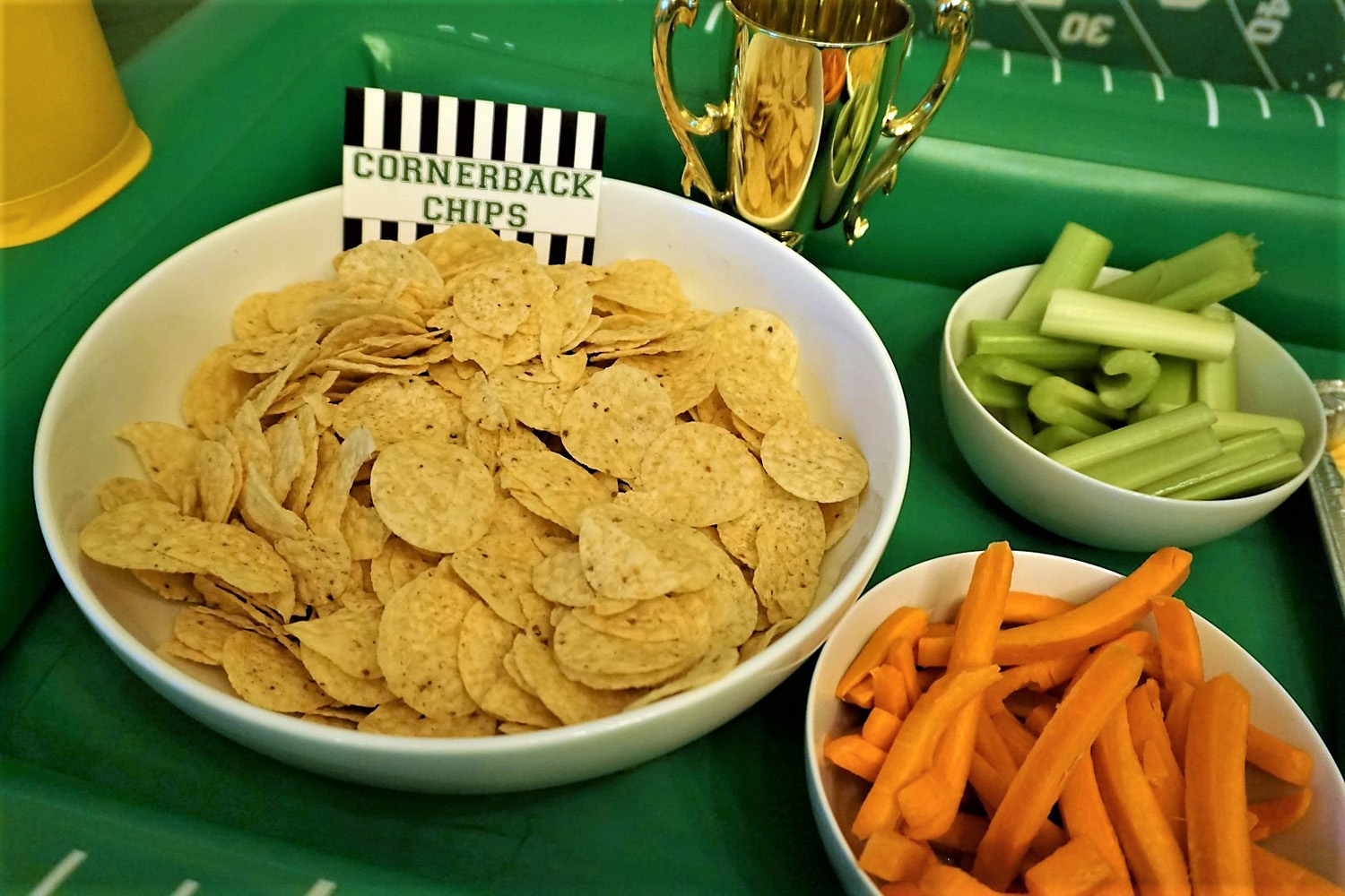  Chips, carrots, and celery make the best dippers for football snacks, especially buffalo chicken dip. 