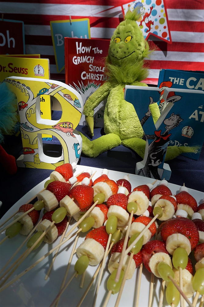 Grinch themed fruit kabobs