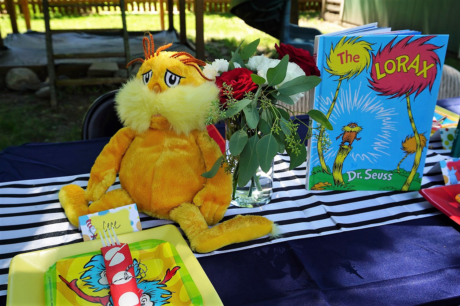 The Lorax as a centerpiece for a Dr. Seuss baby shower.