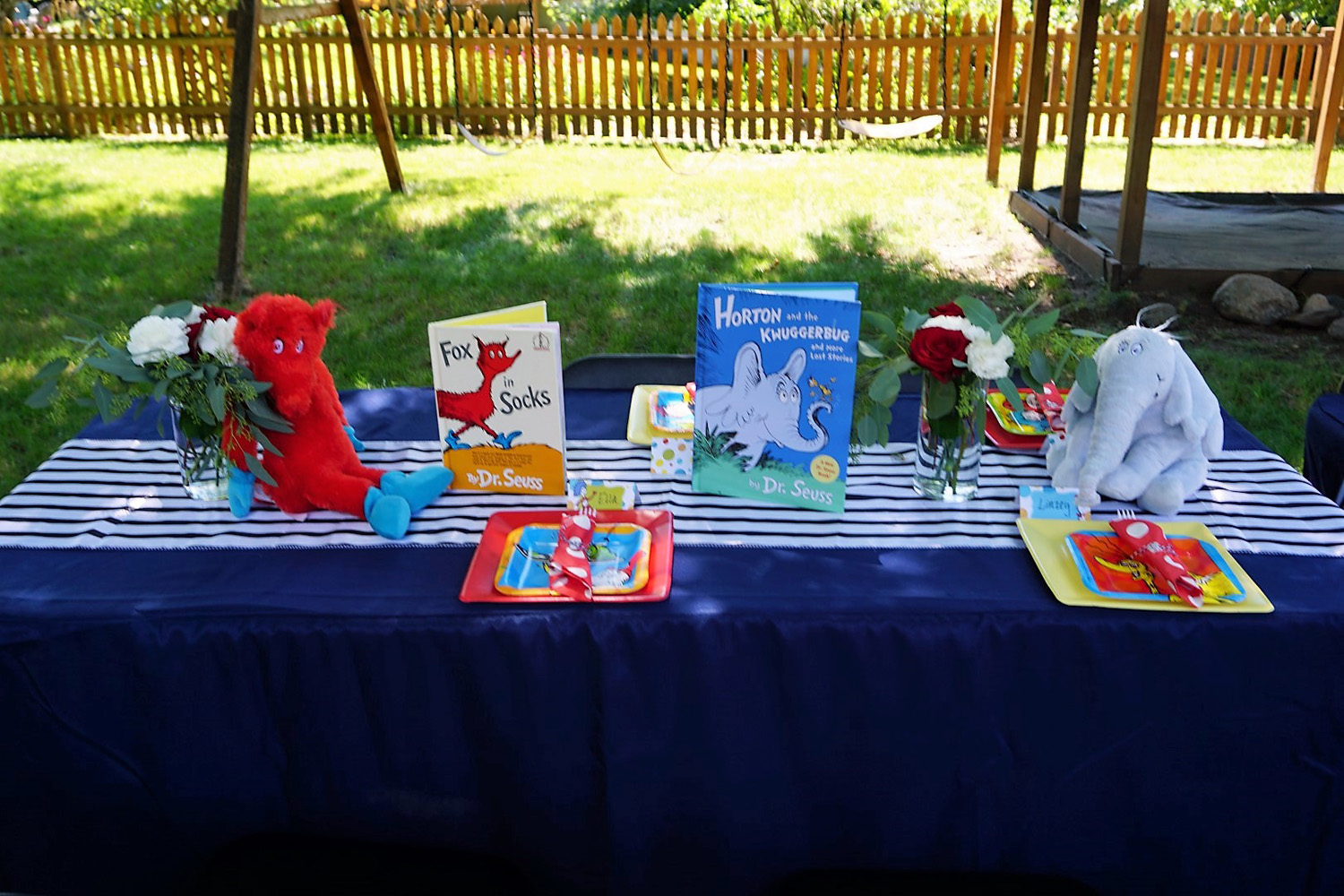 Use books and stuffed animals as centerpieces for a Dr. Seuss themed baby shower.