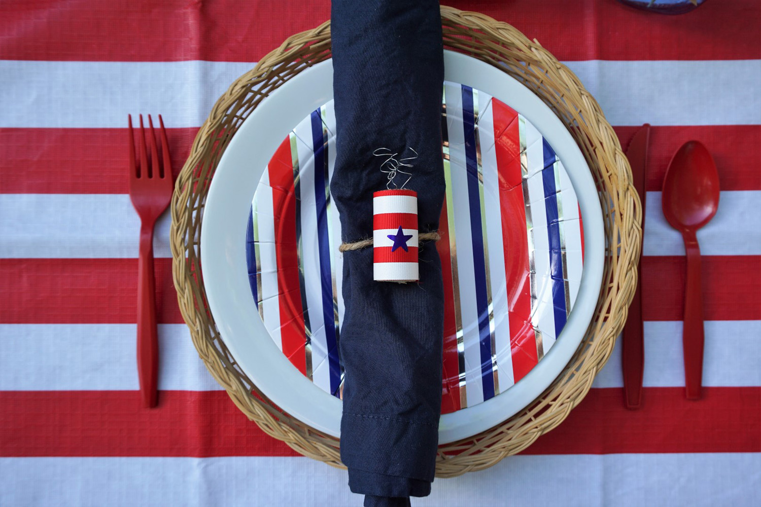  4th of July BBQ place setting with red, white, and blue. 