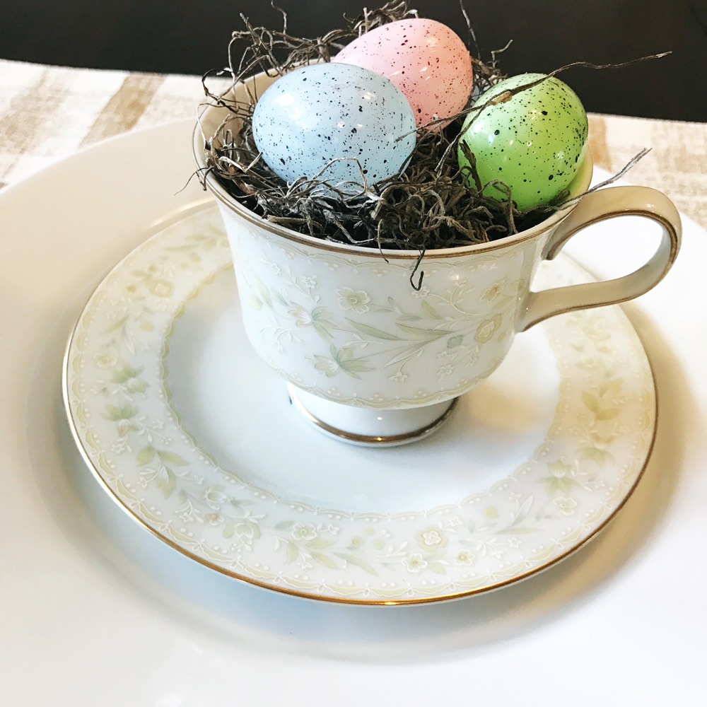 Spanish moss, tea cup, and speckled eggs.