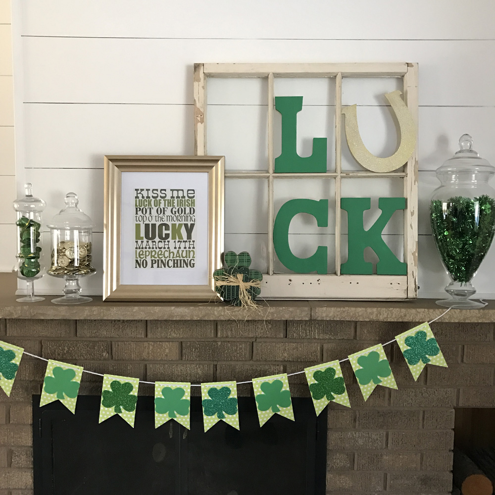 St. Patrick’s Day mantel with shiplap wall.