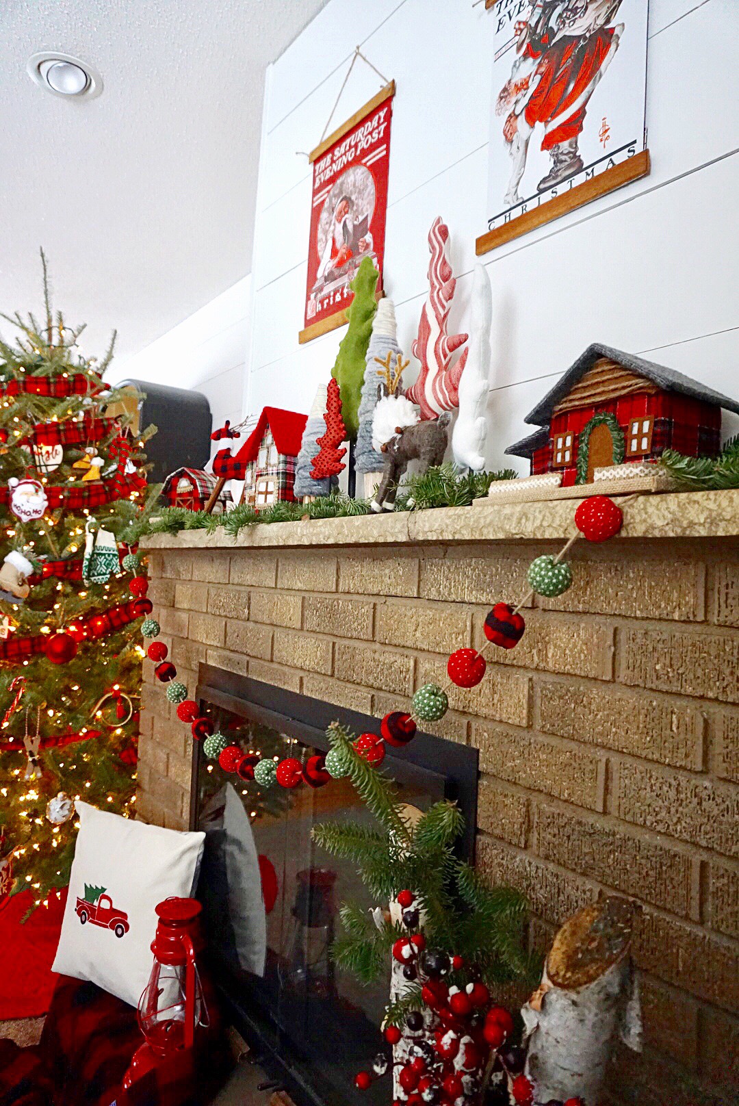 Classic red and green Christmas mantel.