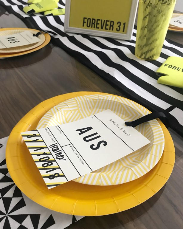  Yellow solid paper plates, geometric yellow paper plates used for Forever 31 birthday party table seting. 