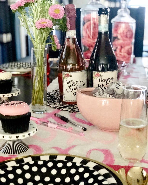  Galentine’s Day table with DIY table runner. 