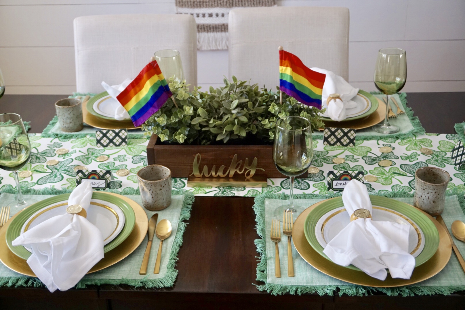  Green and rainbow themed St. Paddy’s Day dinner table. 
